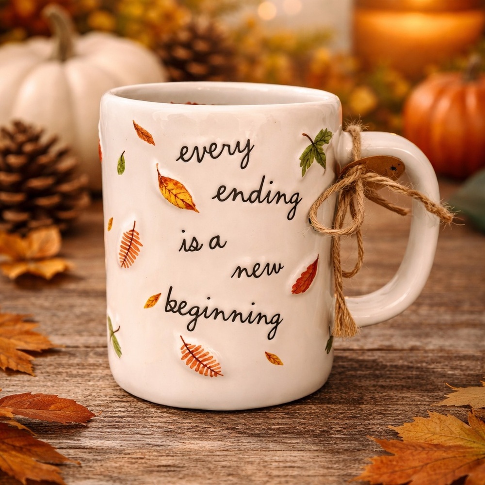 Every Ending Is A New Beginning Ceramic Mug - White with Autumn Leaf Design